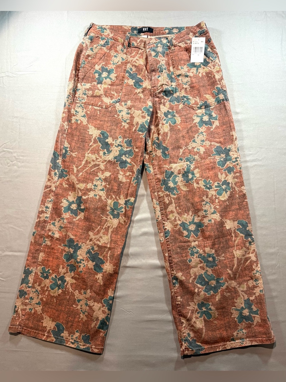 Kut from the Kloth Floral Straight Leg Pants in Rust, Teal, Cream